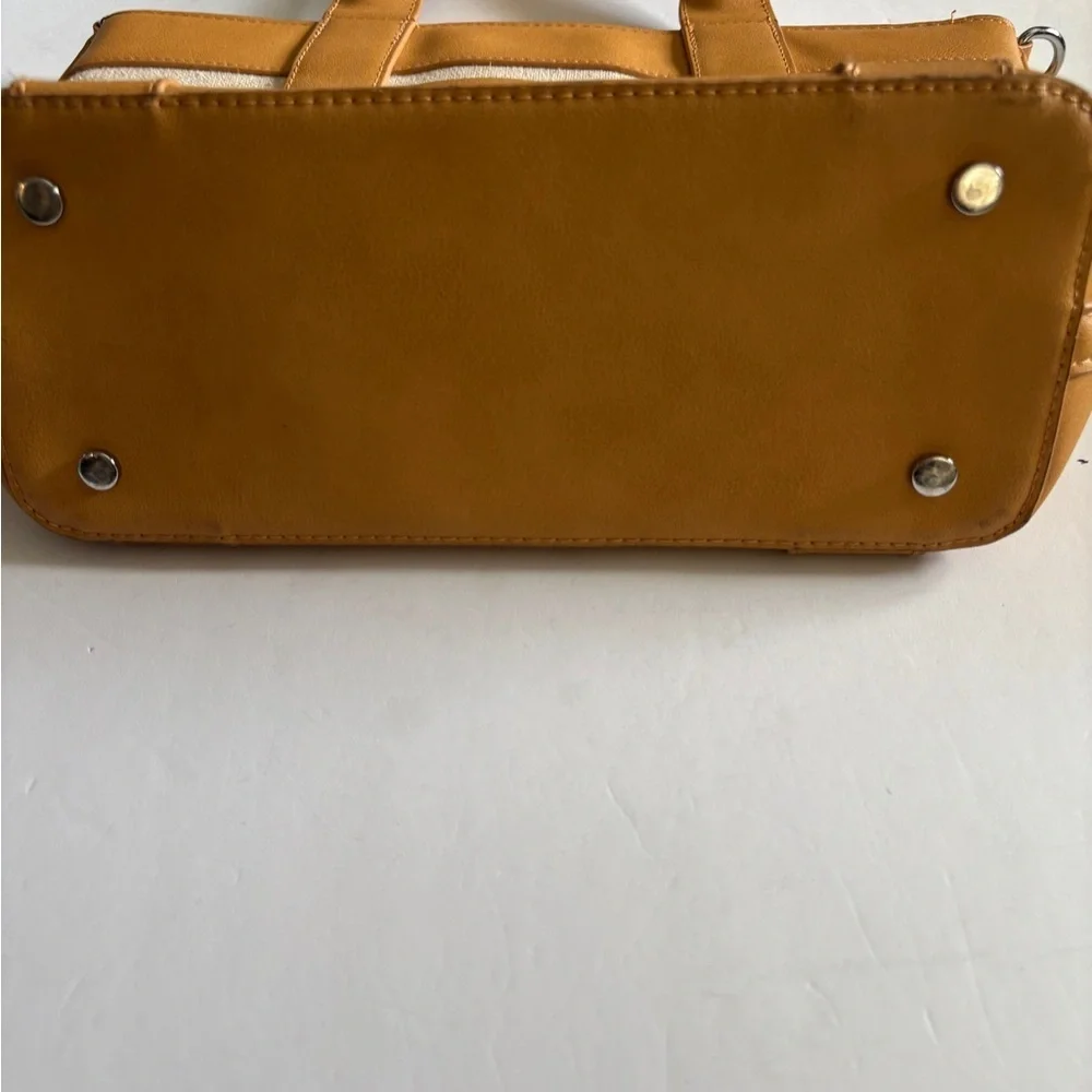 MIZTIQUE TAN NATURAL FAUX LEATHER AND CANVAS HAND BAG ZIP CLOSURE POCKET INSIDE